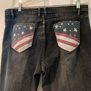 Size 12 (large) blue jeans, flags on back pockets